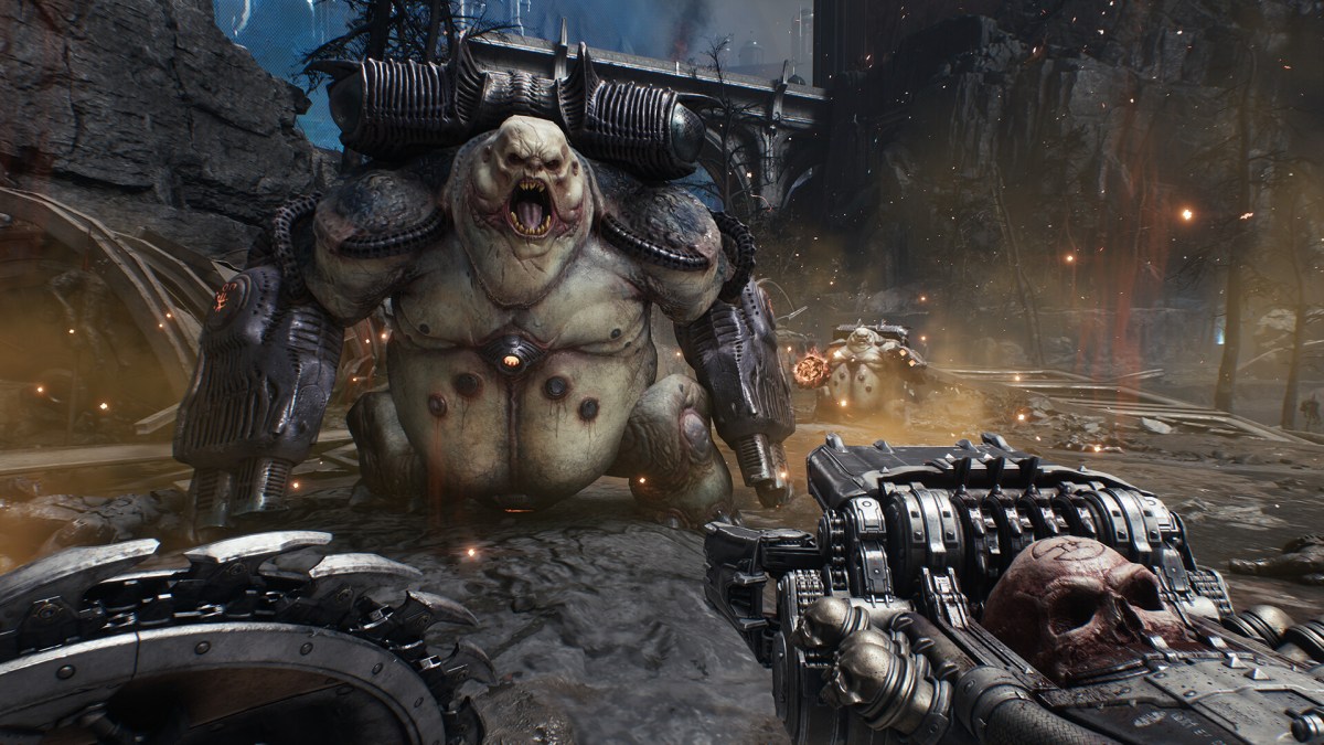 Screenshot aus Doom: The Dark Ages. Der Doom Slayer ist zu sehen, wie er einen Feind mit einer neuen Waffe entgegentritt.