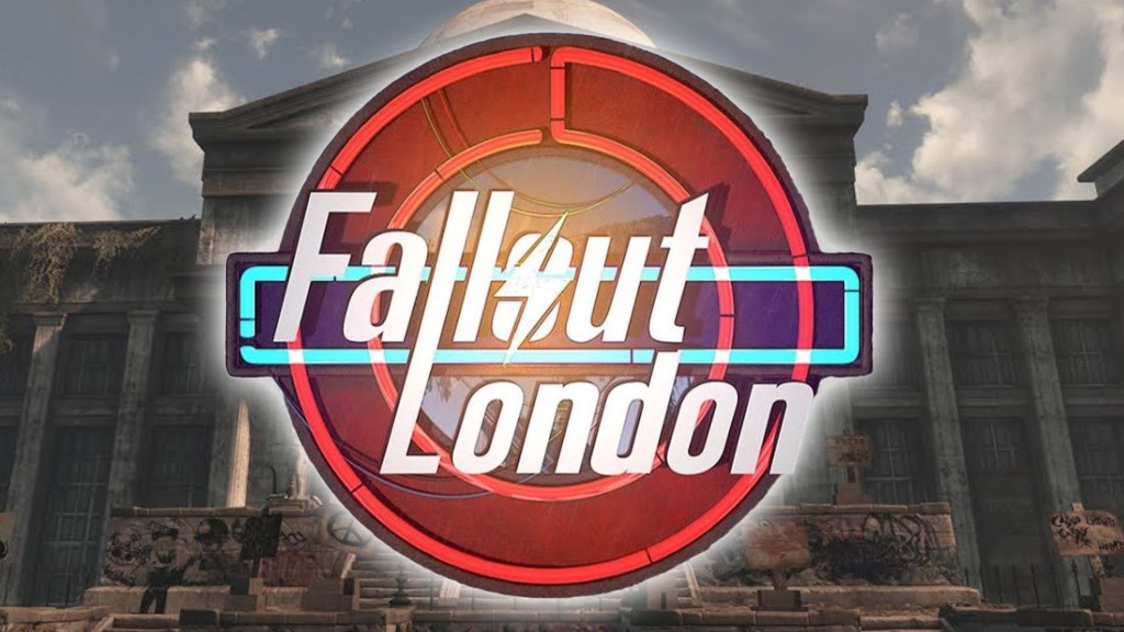 Screenshot aus Fallout London kombiniert mit dem offiziellen Logo der Mod.