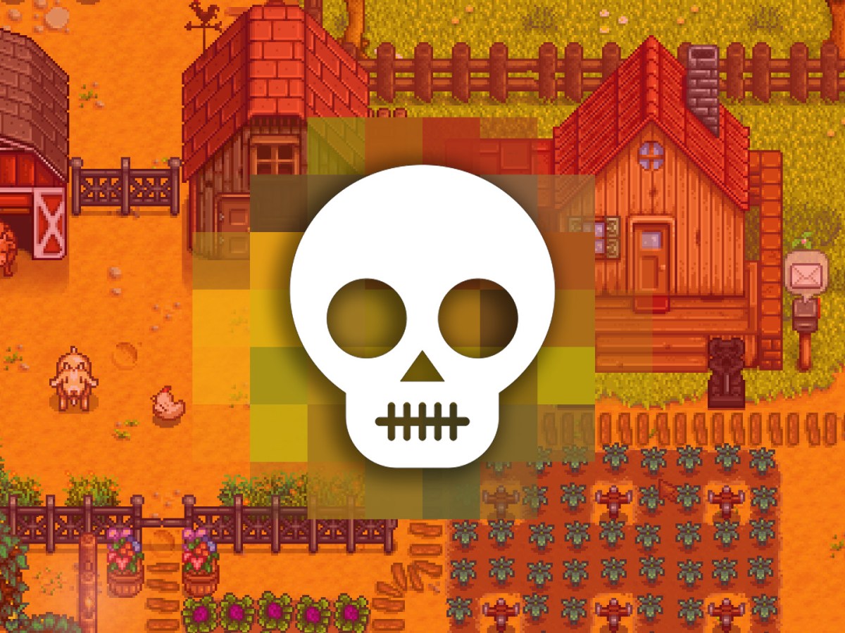 Die Farm aus Stardew Valley und ein Totenkopf.