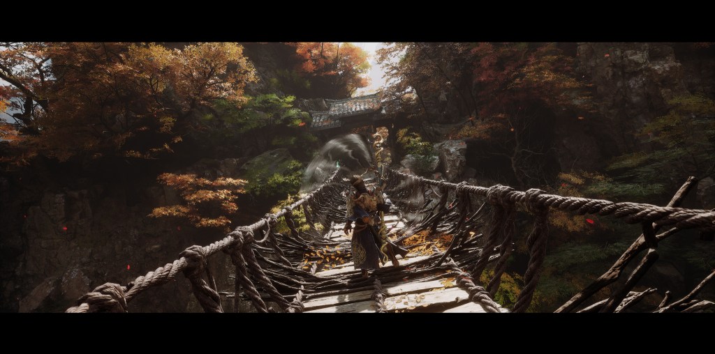 Wukong auf einer Hängebrücke.