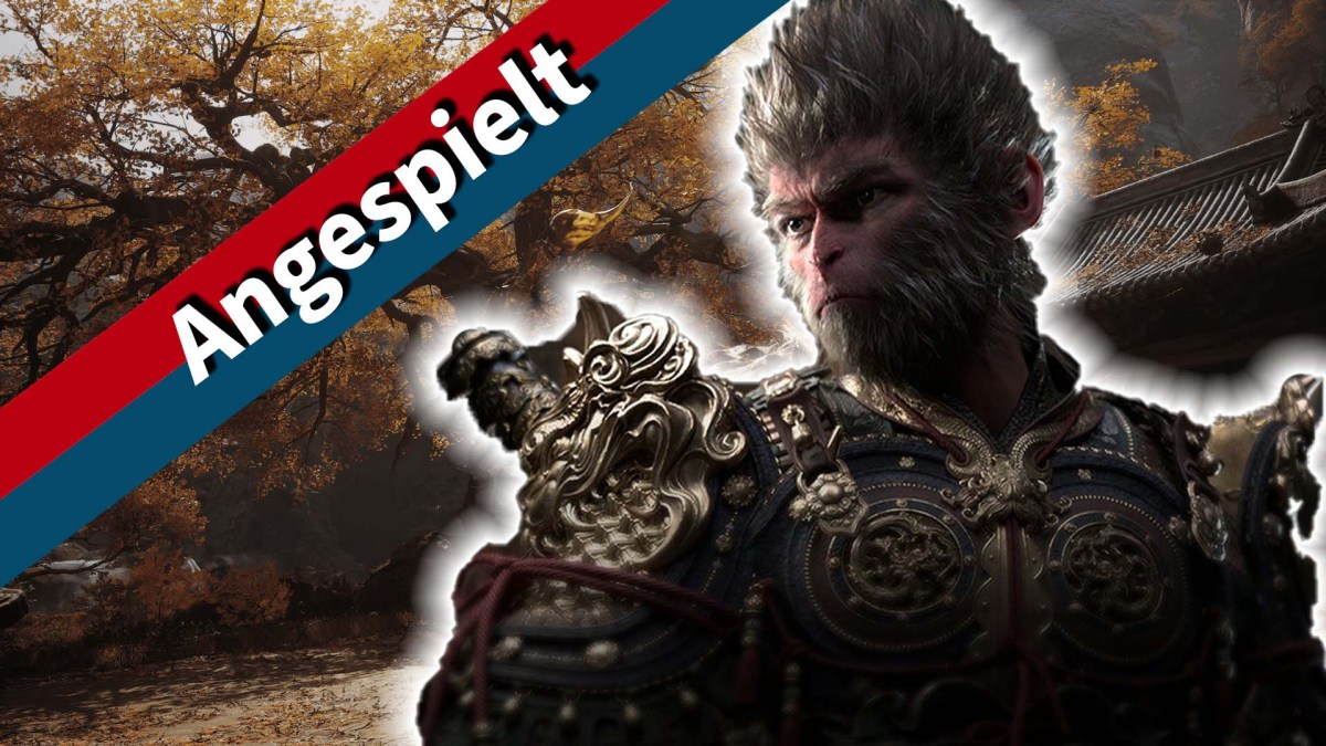 Der Affe aus Black Myth Wukong vor einem orangenen Hintergrund mit rot-blauem Banner.