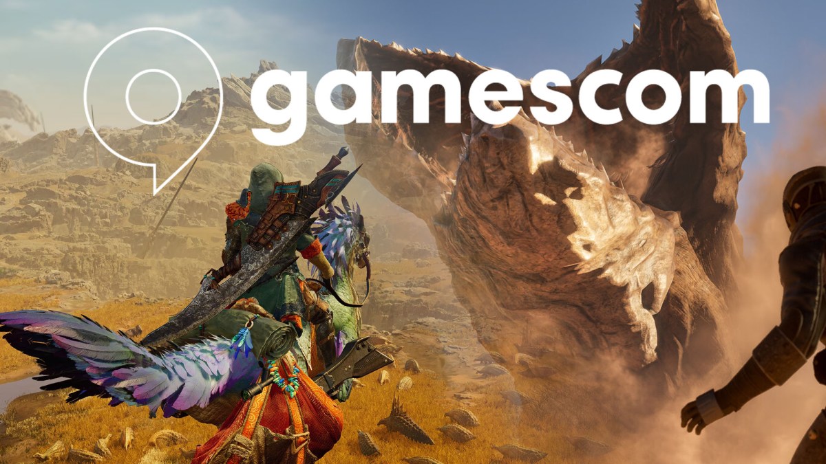 Screenshot-Collage bestehend aus Monster Hunter Wilds und Dune Awakening. Drüber zu sehen ist das Logo der gamescom.