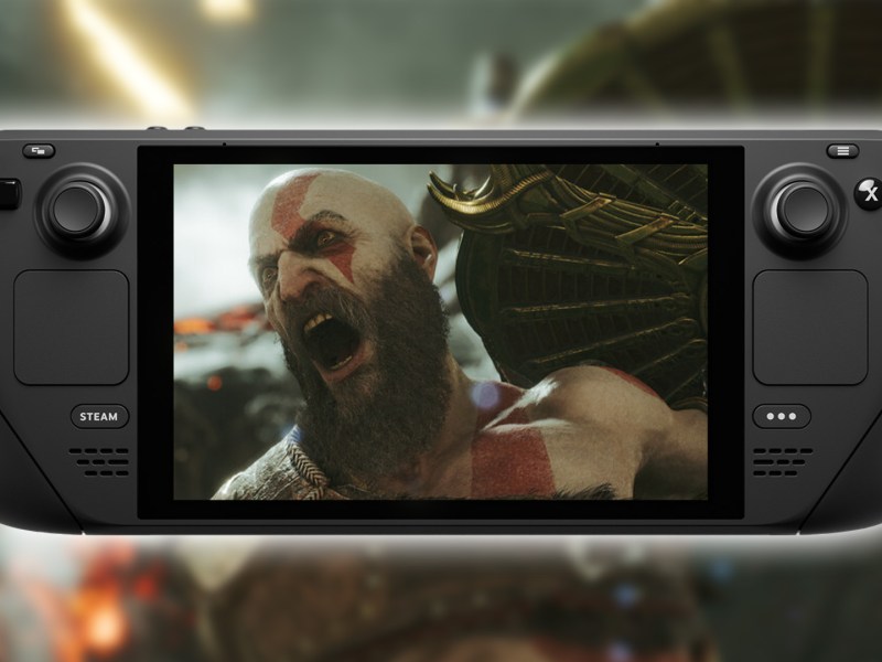 Screenshot zu God of War Ragnarök mit Kratos und ein Steam Deck