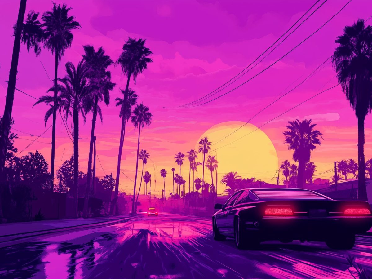 Eine Illustration im Stil der GTA-Spiele eines Sportwagens, der Richtung Sonnenuntergang fÃ¤hrt.