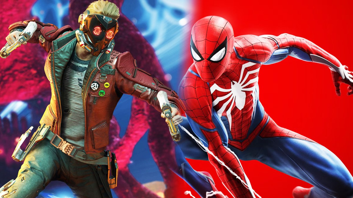 Screenshot-Collage aus den Spielen Marvel's Guardians of the Galaxy und Marvel's Spider-Man. Links ist Starlord und rechts Spider-Man zu sehen.