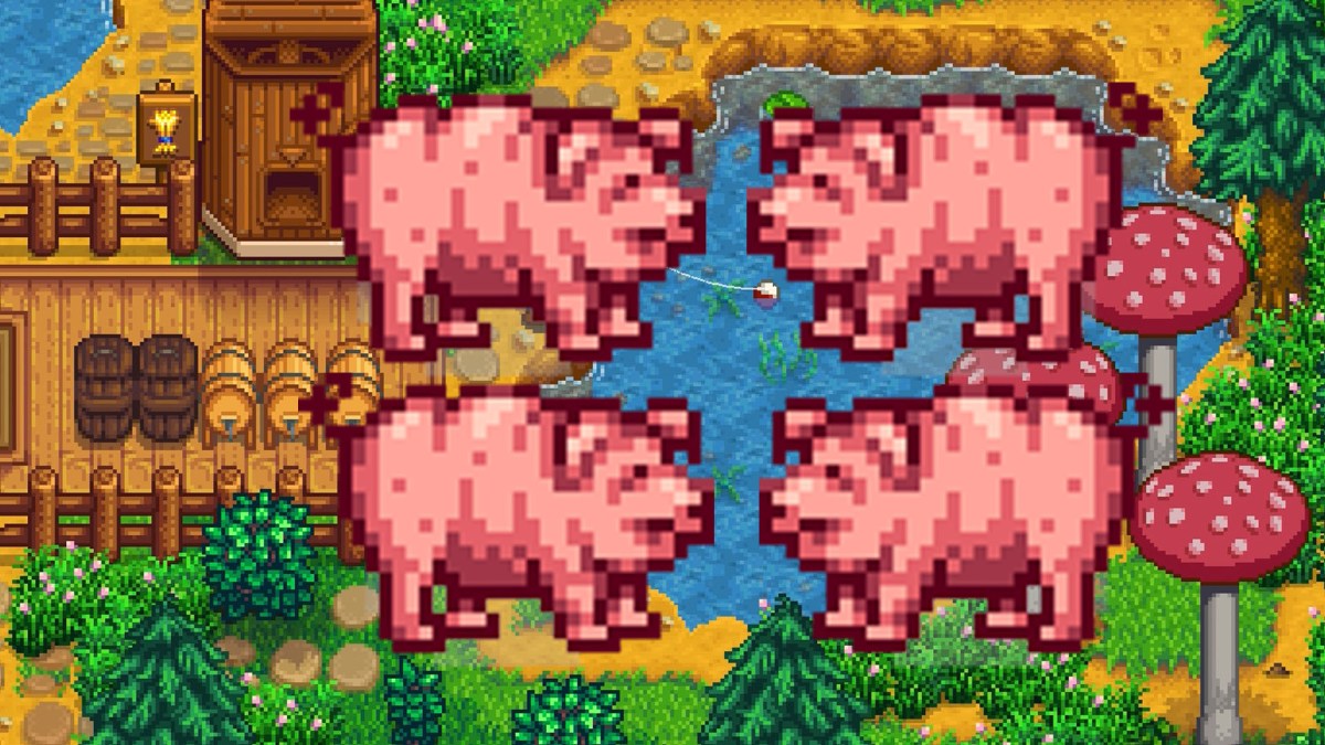 Screenshot aus Stardew Valley. Im Vordergrund sind vier Schweine zu sehen.