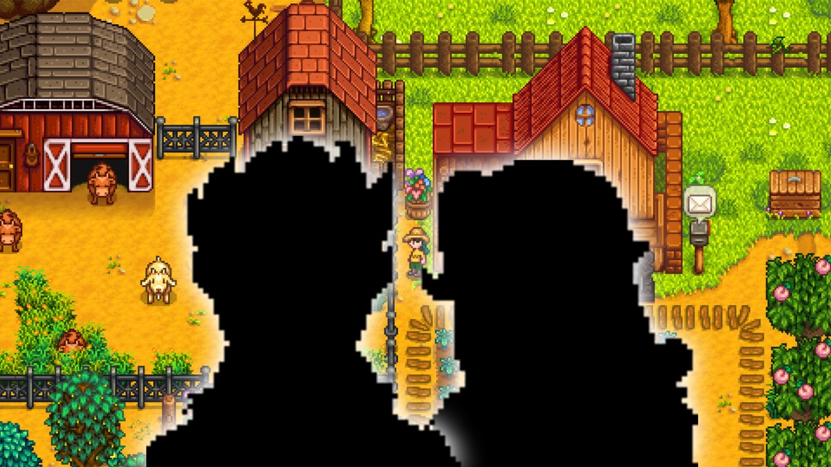 Eine Silhouette von Sam und Abigail vor einem Screenshot der Farm aus Stardew Valley