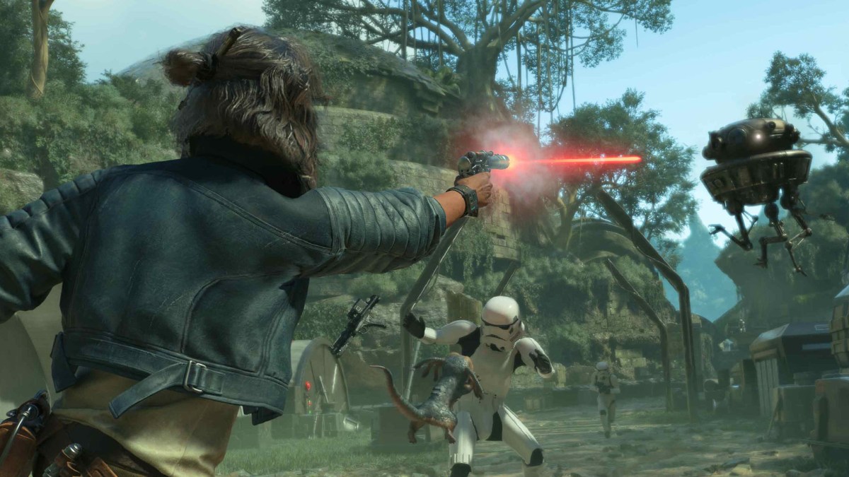 Screenshot aus Star Wars Outlaws. Protagonistin Kay Vess kämpft gegen Sturmtruppen.