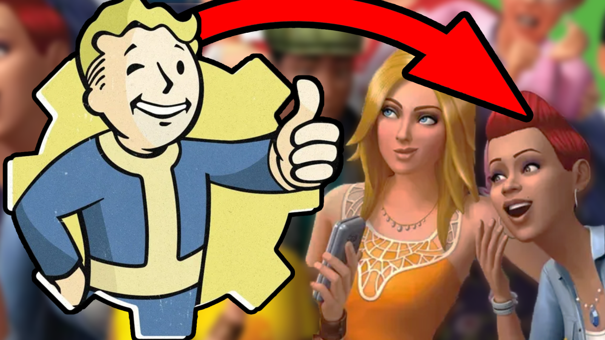 Photomontage aus dem ikonischen Vault Boy aus den Fallout-Spielen und den knuffigen Charakteren aus Die Sims 4