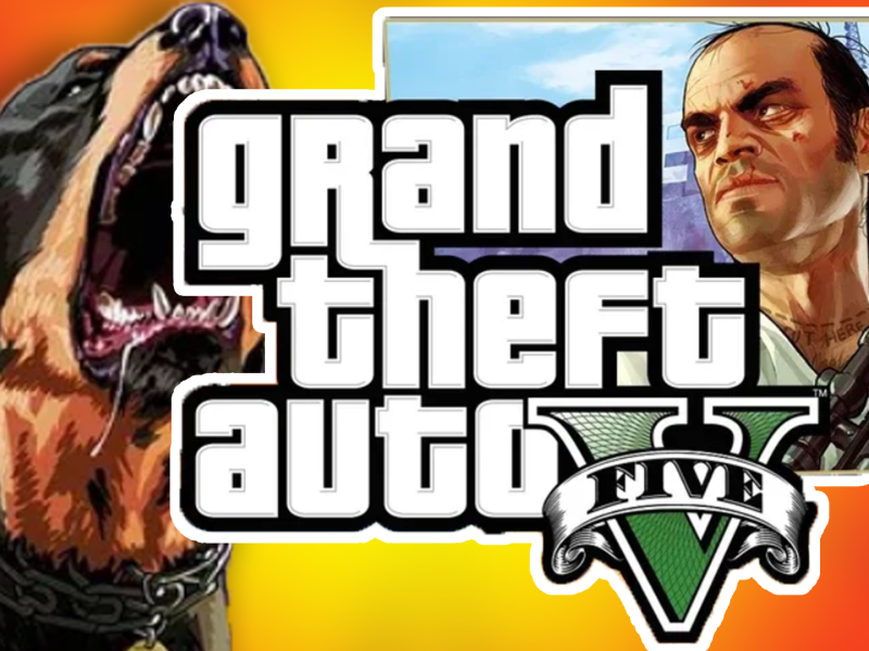 Eine Bildmontage, in deren Zentrum das Logo des Computerspiel Grand Theft Auto 5 (kurz: GTA 5) von Rockstar Games steht.