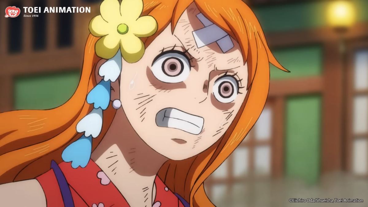 Nami aus One Piece mit einem verzweifelten Gesichtsausdruck.