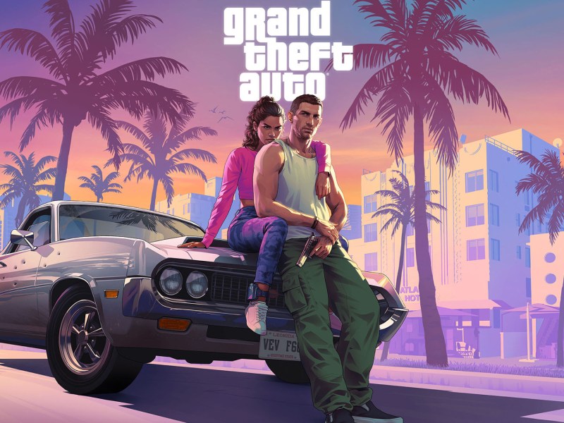 Artwork von GTA 6. Zu sehen die beiden Protagonist*innen, die vor einem Auto stehen bzw. auf diesem sitzen.