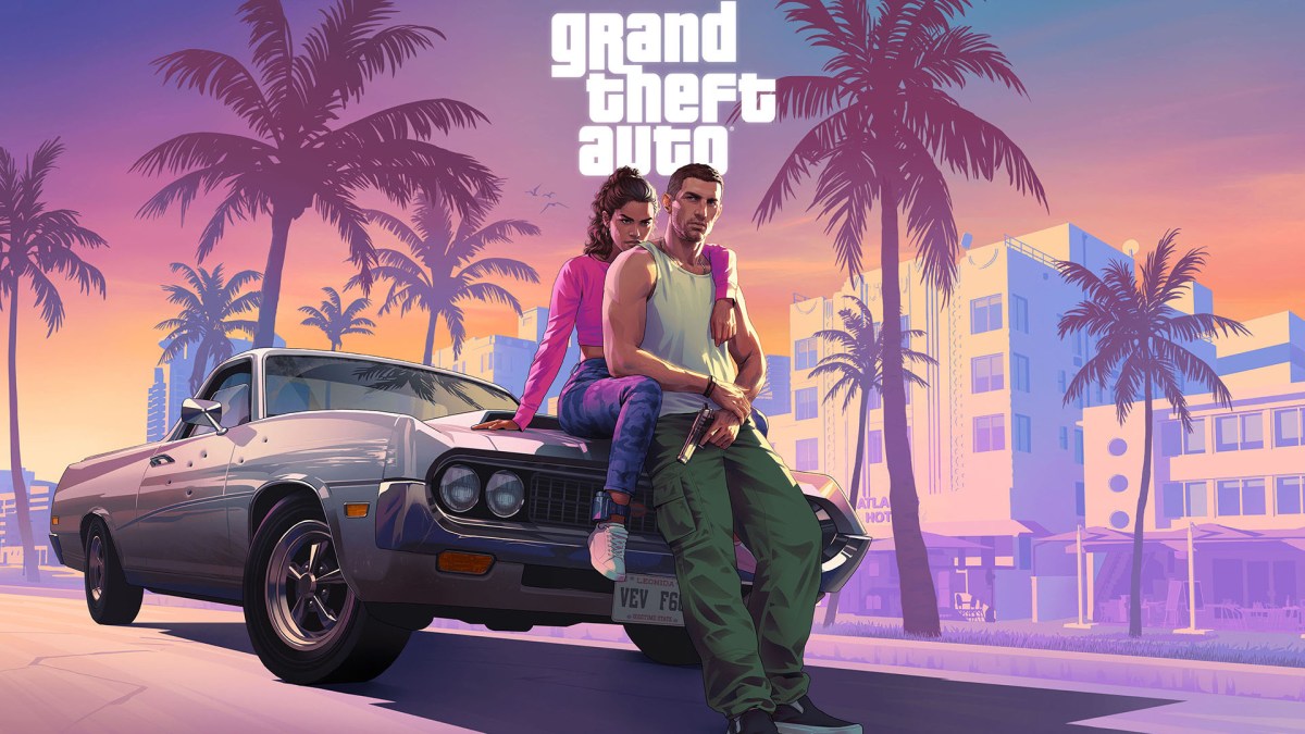 Artwork von GTA 6. Zu sehen die beiden Protagonist*innen, die vor einem Auto stehen bzw. auf diesem sitzen.