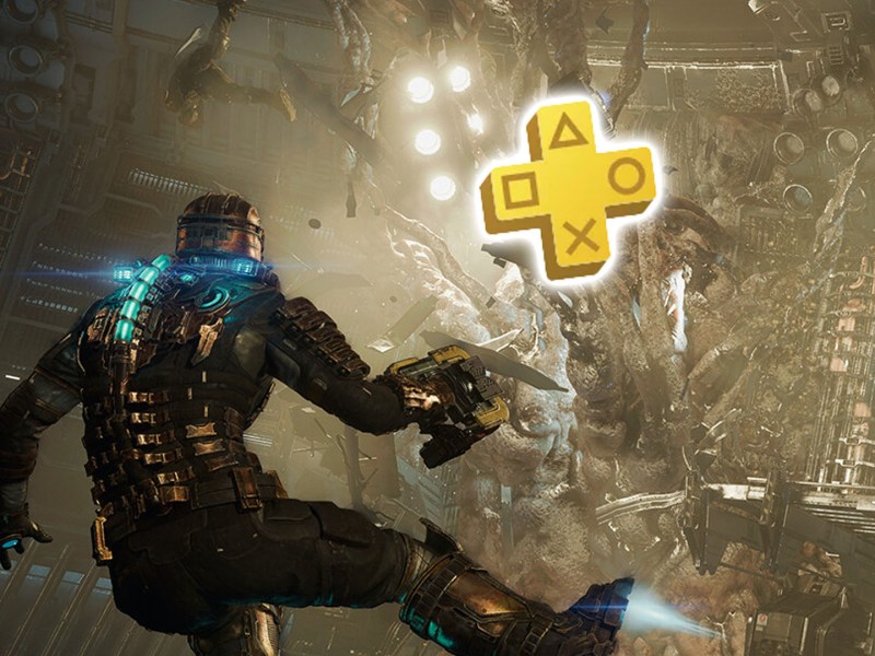 Screenshot aus dem Dead Space Remake, unterlegt mit dem Logo von PS Plus.