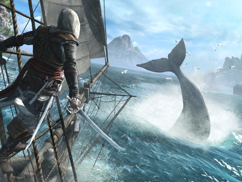 Screenshot aus Assassin's Creed 4: Black Flag. Zu sehen ist Edward Kenway auf einem Schiff, vor ihm taucht gerade ein Wal ab.