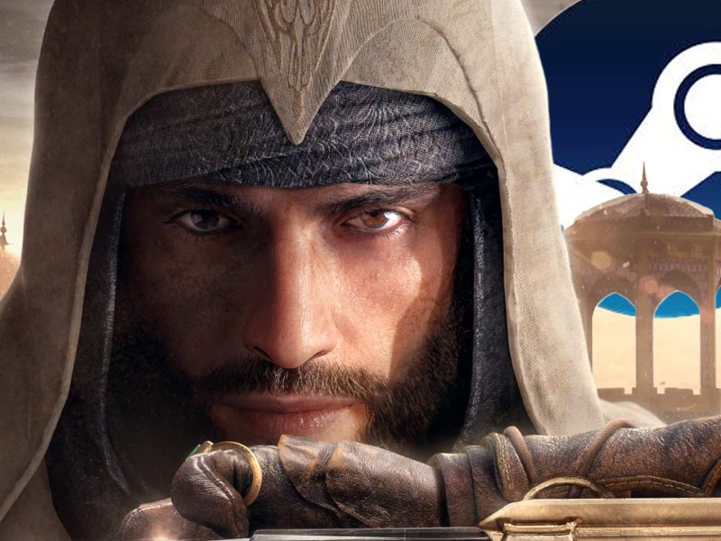 Artwork aus Assassin's Creed Mirage mit Protagonist Basim im Vordergrund. Im Hintergrund ist das Steam-Logo eingepflegt.