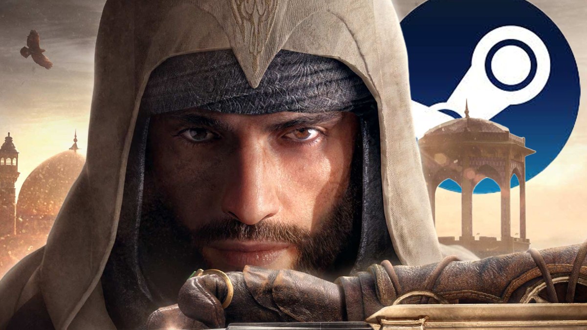 Artwork aus Assassin's Creed Mirage mit Protagonist Basim im Vordergrund. Im Hintergrund ist das Steam-Logo eingepflegt.