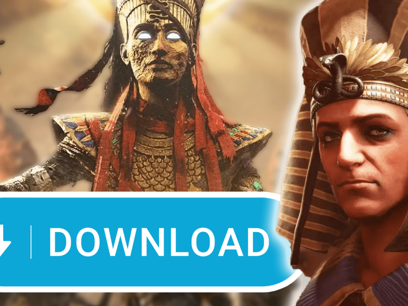 Eine Bildmontage, die einige Charaktere aus dem Videospiel Assassin's Creed Origins von Ubisoft zeigt - und auch: einen Download-Button.