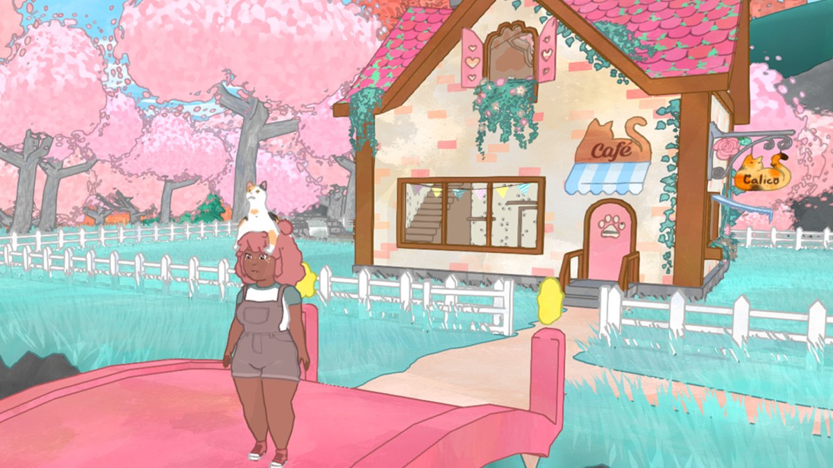 Screenshot aus dem Spiel Calico mit dem CafÃ© und Charakter mit Katze auf dem Kopf