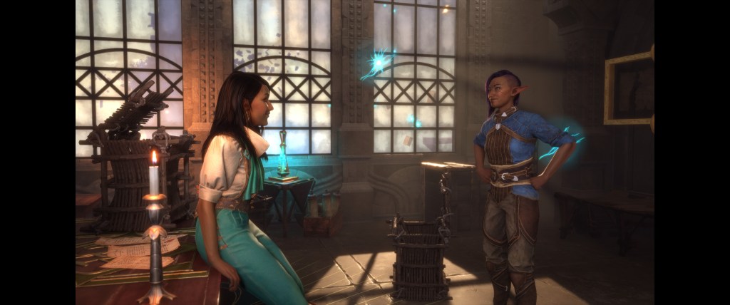 Screenshot aus Dragon Age: Veilguard. Zu sehen ist ein Dialog zwischen Neve und Rook.