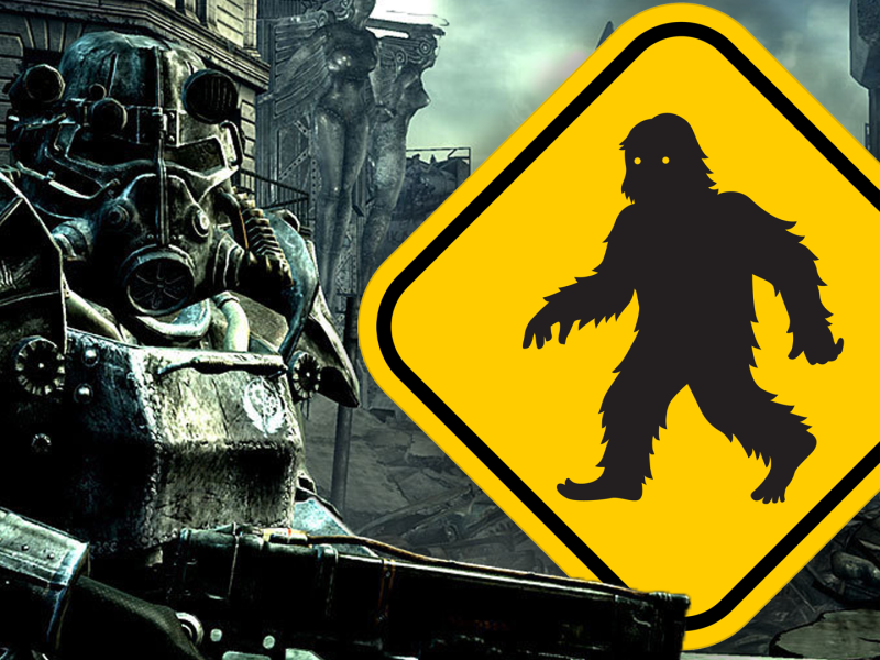 Eine Bildmontage, mit einem Mitglieder der Stählernen Bruderschaft im Power-Anzug - und einem Straßenschild mit Bigfoot darauf .