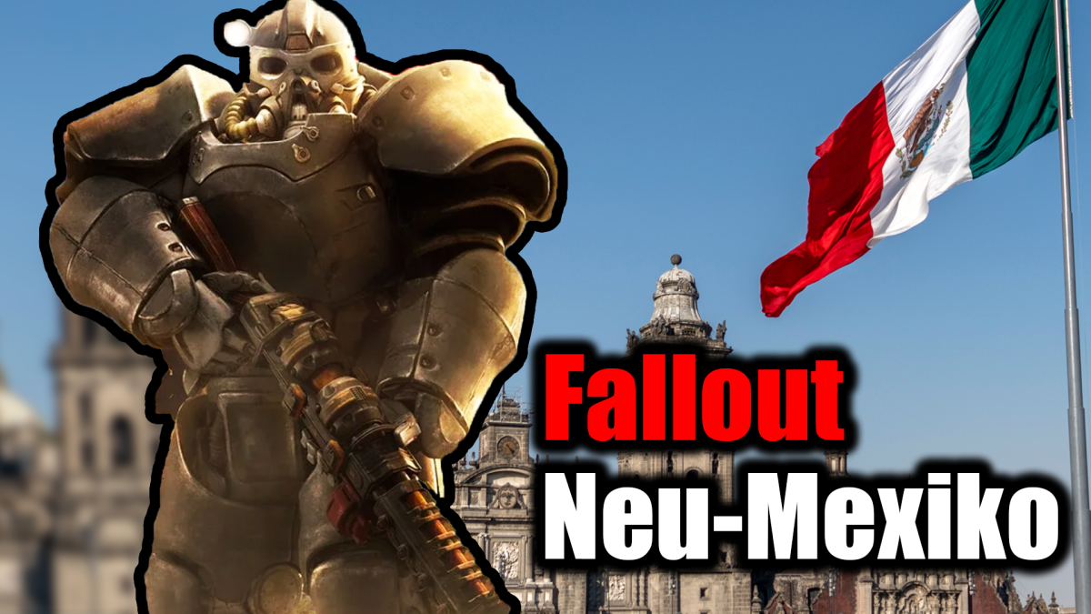 Bildmontage, in deren Zentrum ein Mitglied der Stählernen Bruderschaft aus den Fallout-Rollenspielen steht, gekleidet im Power-Anzug.