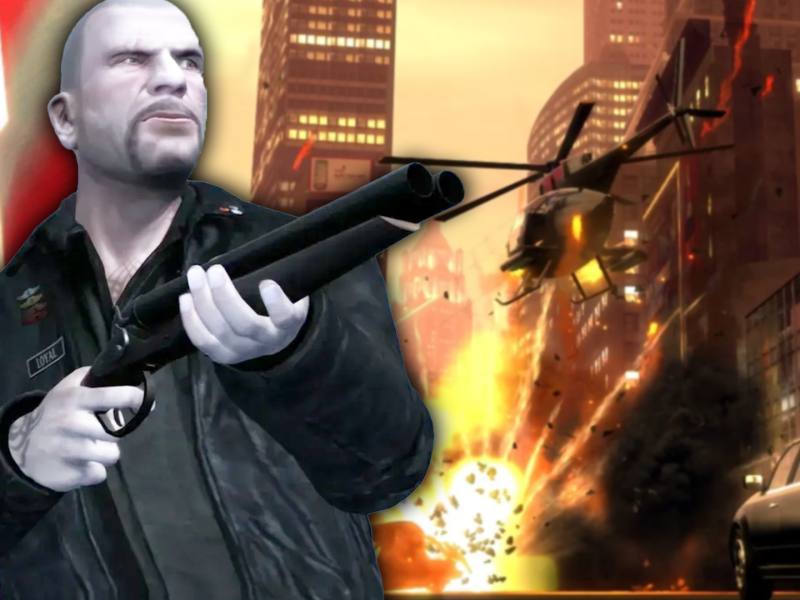 Eine Bildmontage, die einen mÃ¤nnlich gelesenen Charakter aus GTA 4 zeigt.