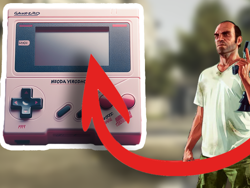 Ein Bildmontage, in der eine Gameboy-artige Spielekonsole im Bildvordergrund steht - und ein Antiheld aus dem Spiel GTA 5.