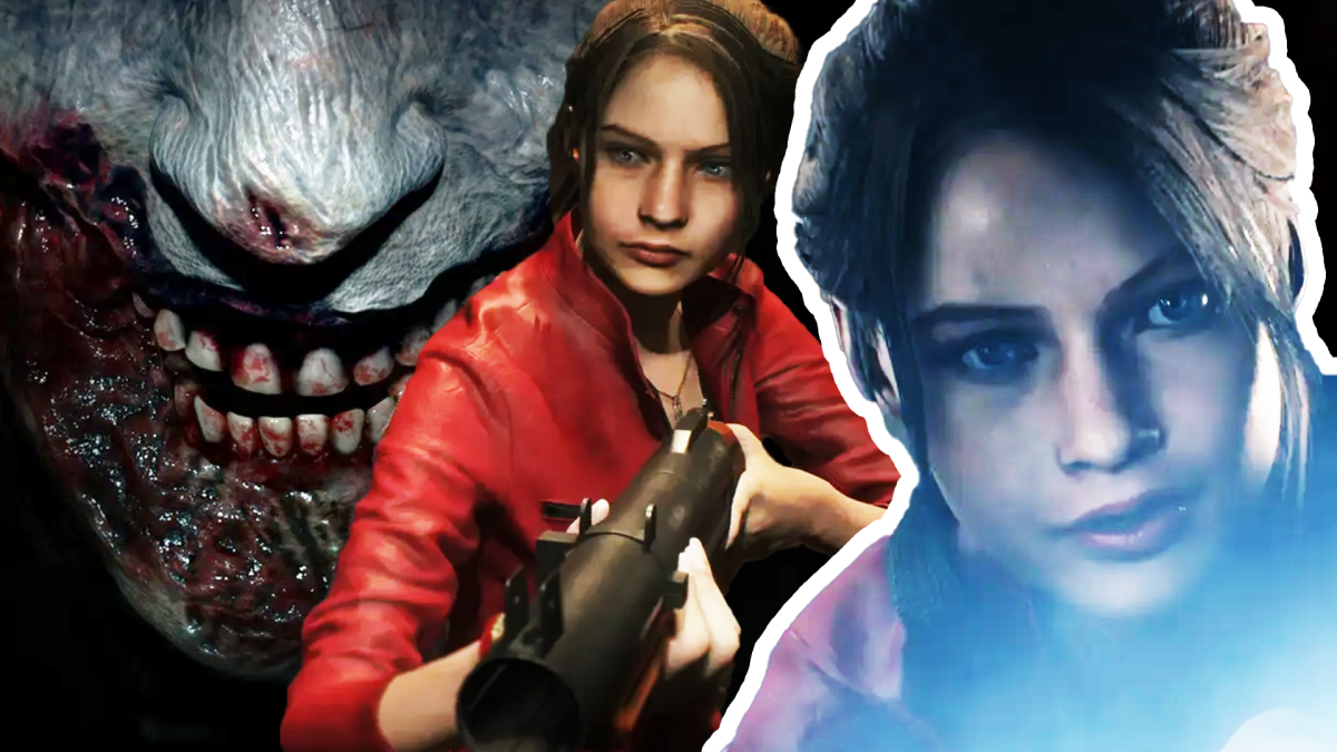 Bildmontage, in deren Zentrum der fiktionale Charakter Claire Redfield aus dem Survival Horror-Sipel Resident Evil 2 steht.