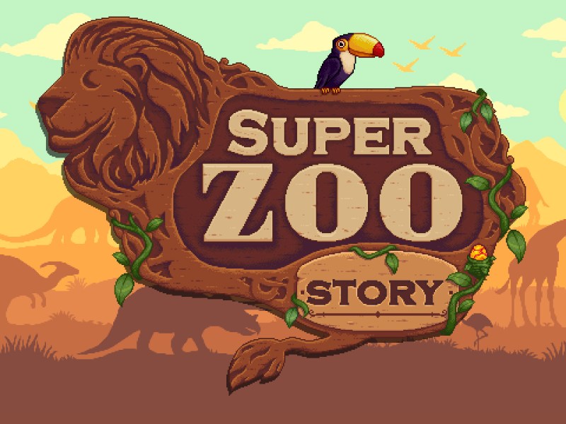 Logo des Spiels Super Zoo Story vor einem Hintergrund mit Tierschatten