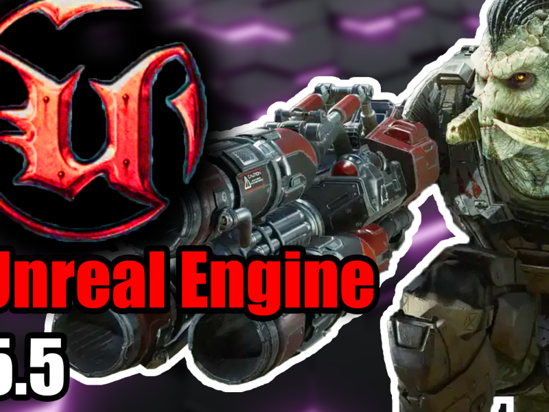 Eine Bildmontage, in deren Fokus ein Charakter aus dem Multiplayer-Shooter Unreal Tournament steht. Prominent zu sehen ist: der Schriftzug "Unreal Engine 5.5"