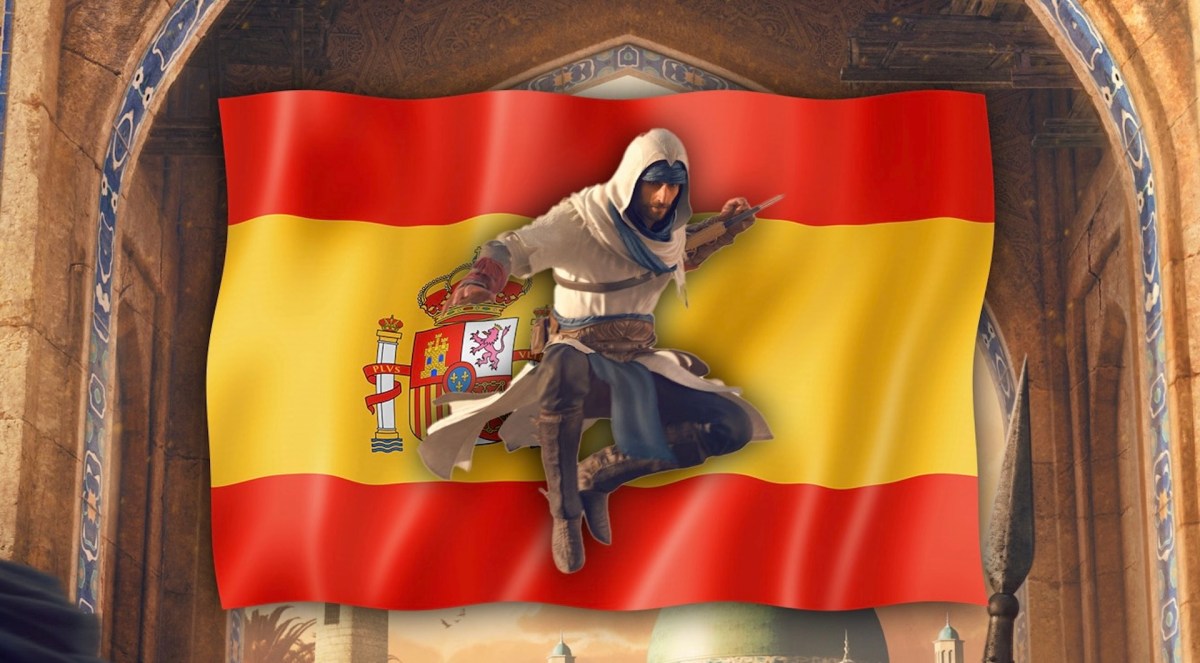 Der AttentÃ¤ter Basim aus Assassin's Creed Mirage vor der spanischen Flagge.