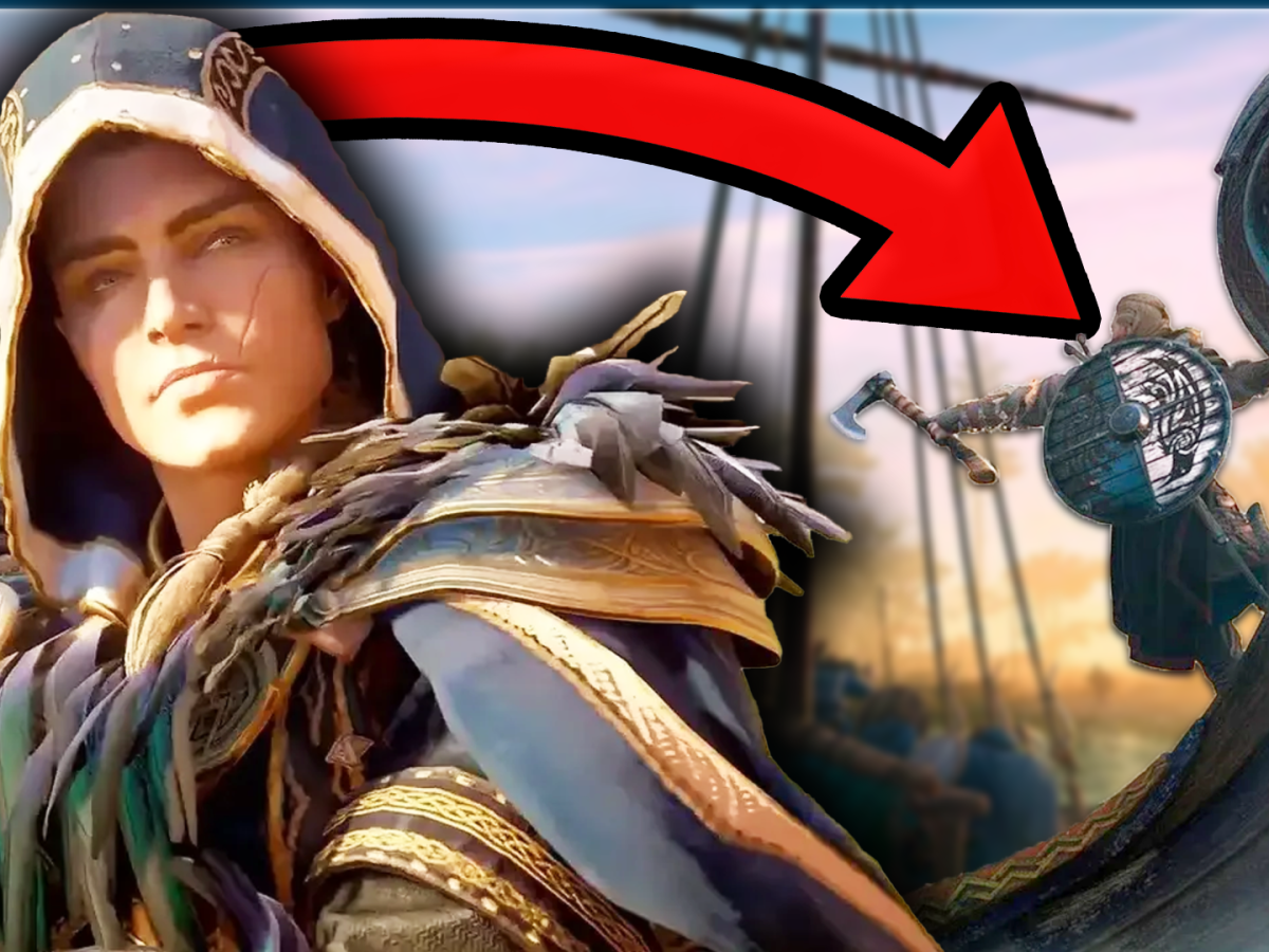 Bildmontage, die einen weiblich gelesenen Charakter aus Assassin's Creed Valhalla zeigt - und den Bug eines Langschiffs.