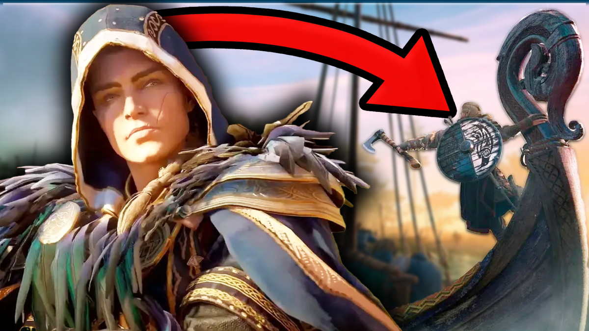 Bildmontage, die einen weiblich gelesenen Charakter aus Assassin's Creed Valhalla zeigt - und den Bug eines Langschiffs.