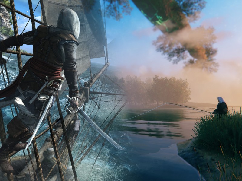 Ein Screenshot von Assassin's Creed Black Flag und ein Screenshot von Valheim mit flieÃŸendem Ãœbergang.