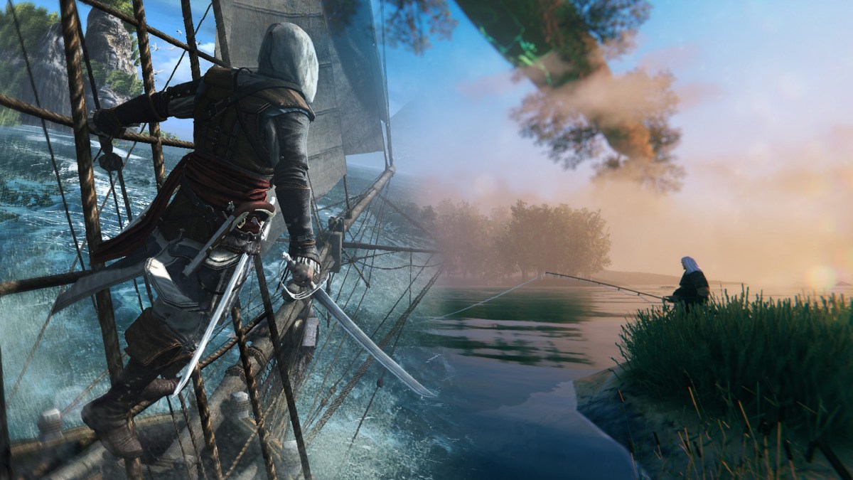 Ein Screenshot von Assassin's Creed Black Flag und ein Screenshot von Valheim mit flieÃŸendem Ãœbergang.