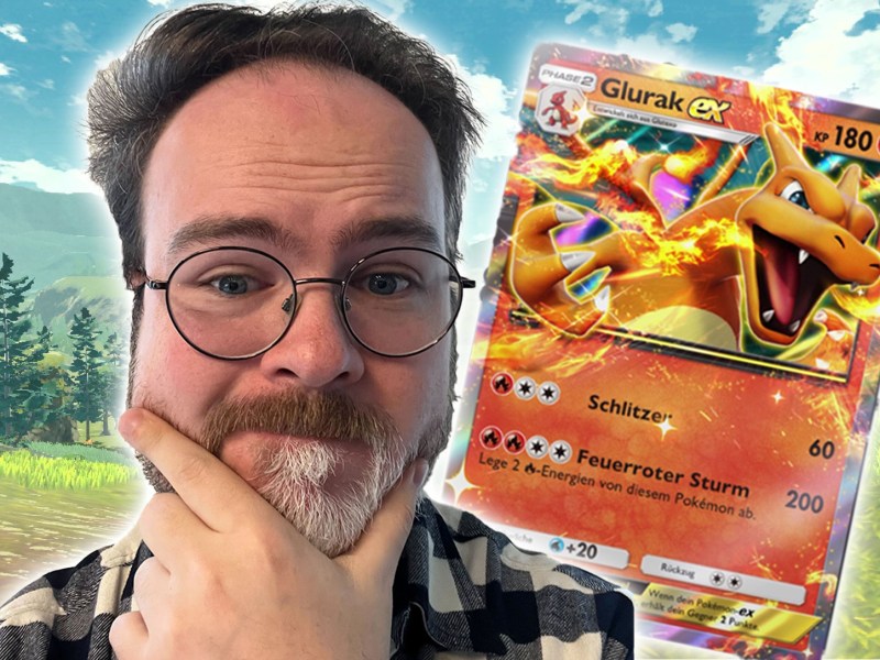 Das Gesicht von Redakteur Jonas neben einer Glurak Ex-Karte aus PokÃ©mon TCG Pocket.