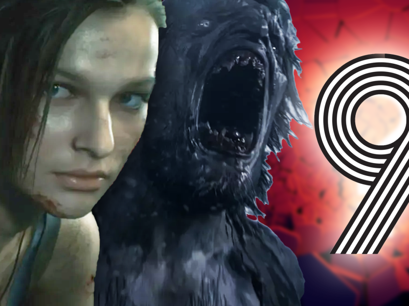 Eine Bildmontage, die Jill Valentine zeigt, auÃŸerdem einen Lycan aus Resident Evil Village und ein groÃŸe, fette Ziffer neun.