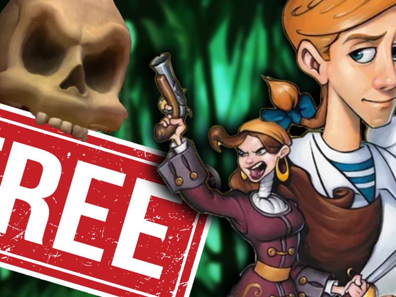 Eine Bildmontage, die Elaine Marley, Guybrush Threepwood und den dÃ¤monischen TotenschÃ¤del Murray zeigt - Charaktere aus den Monkey Island-Spielen.