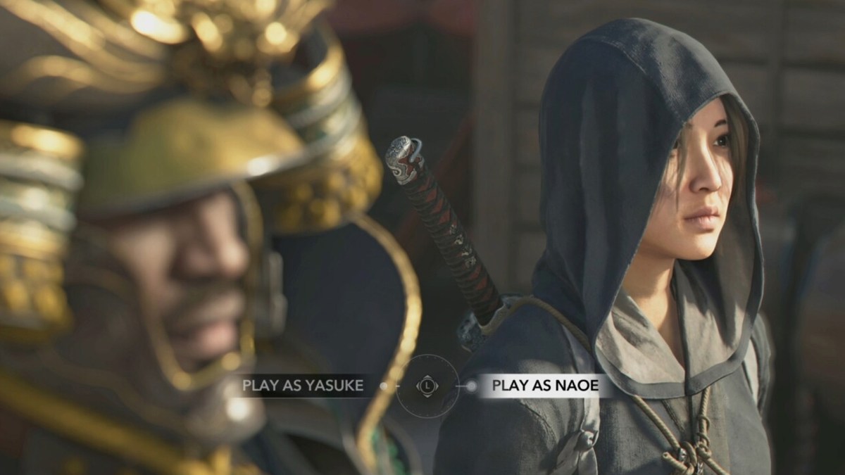 Screenshot aus Assassin's Creed Shadows, bei dem euch die Wahl gelassen wird, ob ihr Naoe oder Yasuke spielt.