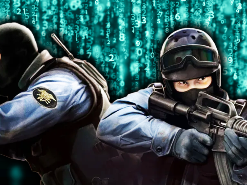 Eine Bildmontage, die zwei Ingame-Charaktere aus Counter-Strike zeigt - und dahinter Computer-Code wie bei The Matrix.