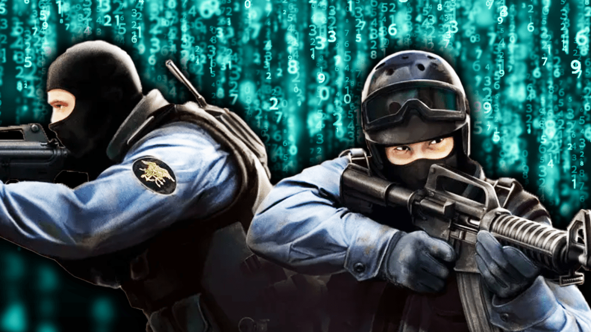 Eine Bildmontage, die zwei Ingame-Charaktere aus Counter-Strike zeigt - und dahinter Computer-Code wie bei The Matrix.