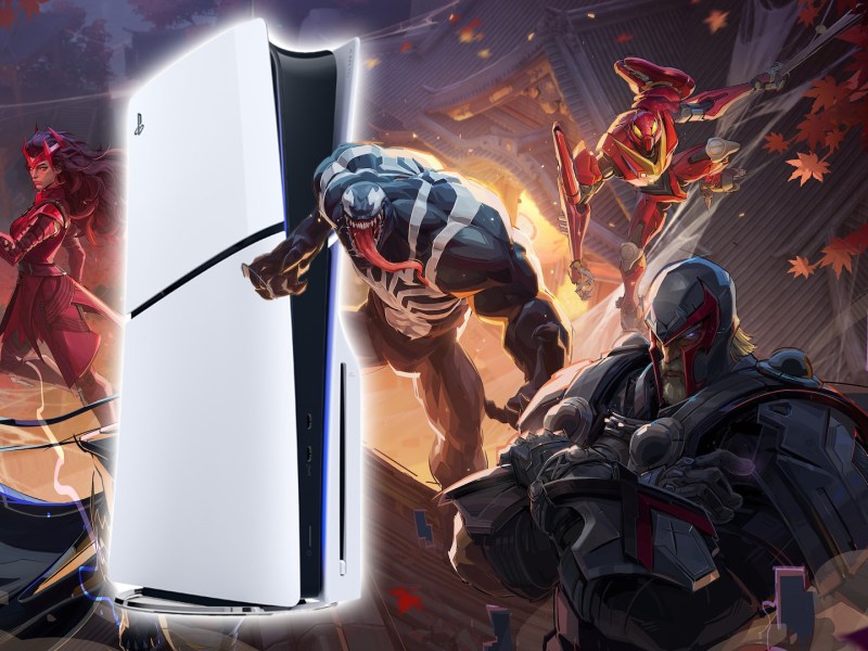 Ein Promo-Bild von Marvel Rivals mit einer PlayStation 5 darauf.