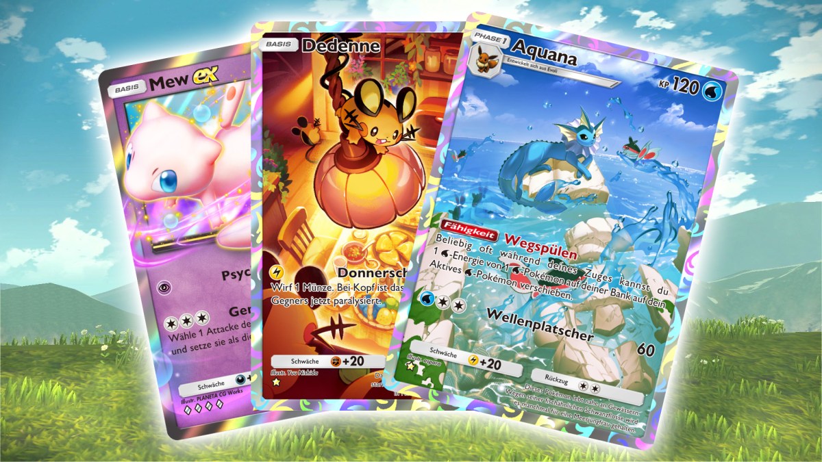 Ein Screenshot aus PokÃ©mon-Legenden: Arceus mitsamt drei Karten aus PokÃ©mon TCG Pocket.