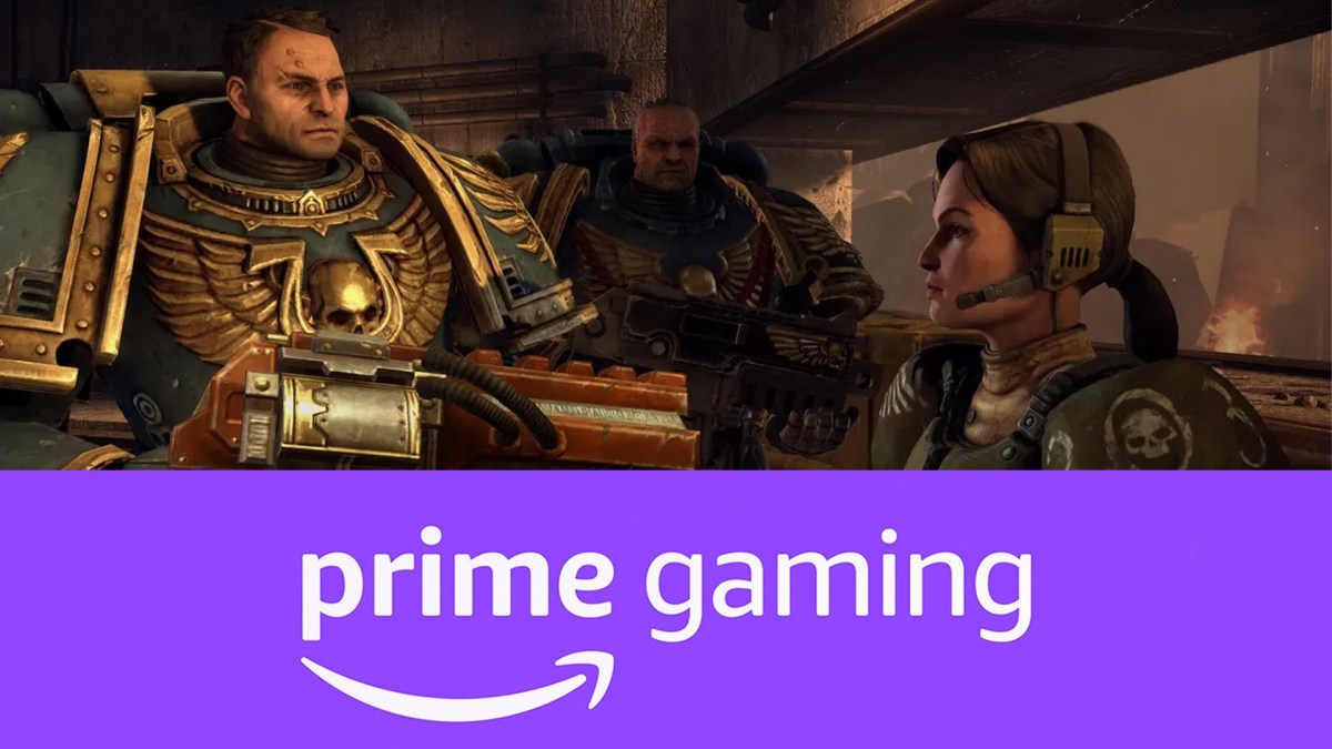 Amazon Prime Gaming Logo mit Screenshot aus Warhammer 40.000: Space Marine