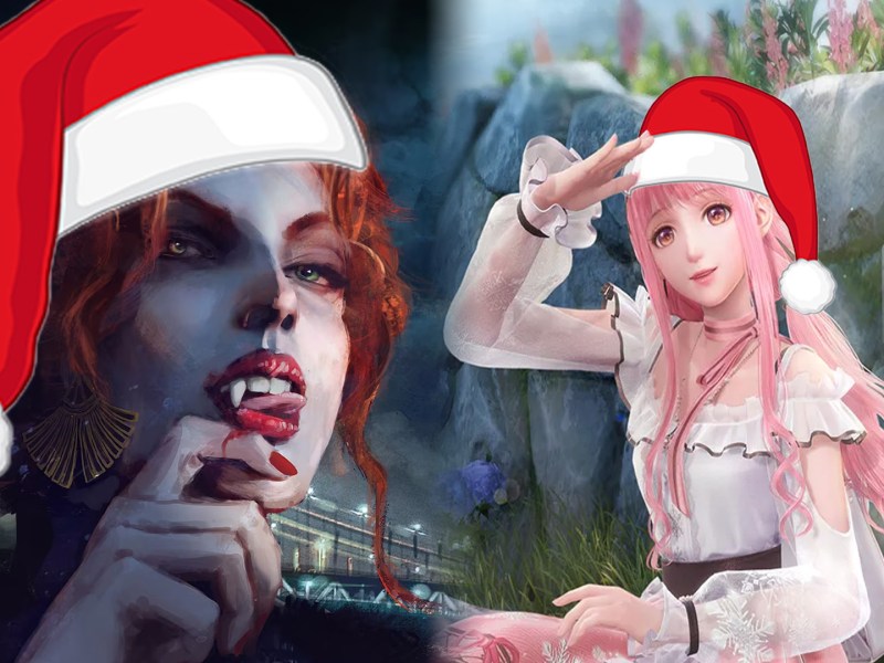 Screenshot aus Vampire: The Masquerade - Coteries of New York und Infinity Nikki, wobei beide Bilder mit WeihnachtsmÃ¼tzen versehen sind.