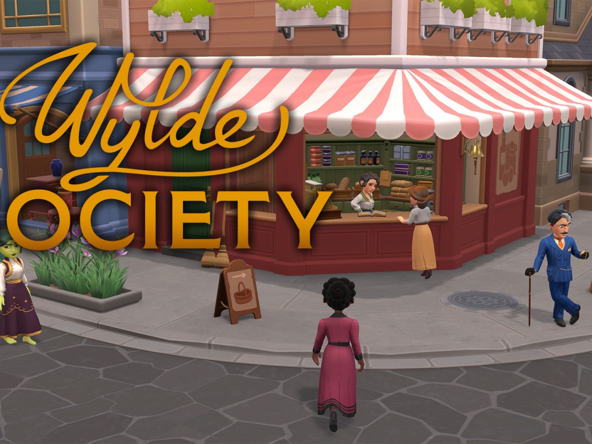 Screenshot aus Wylde Society vor einer BÃ¤ckerei und mit dem Logo des Spiels.