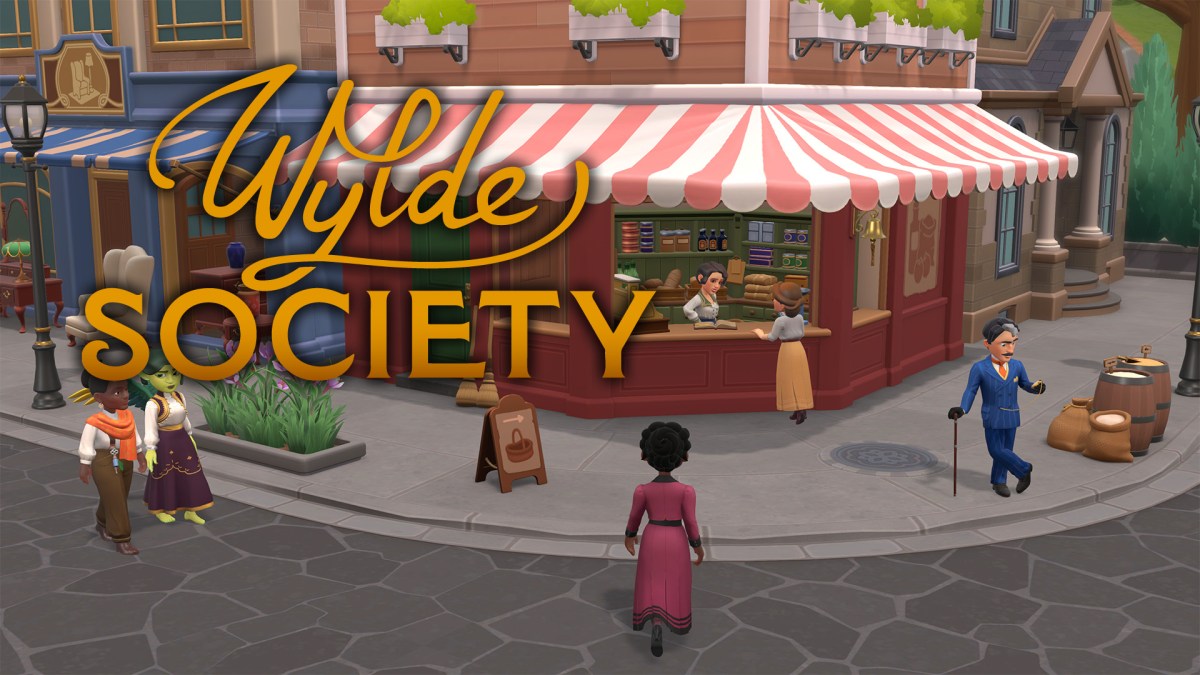 Screenshot aus Wylde Society vor einer BÃ¤ckerei und mit dem Logo des Spiels.