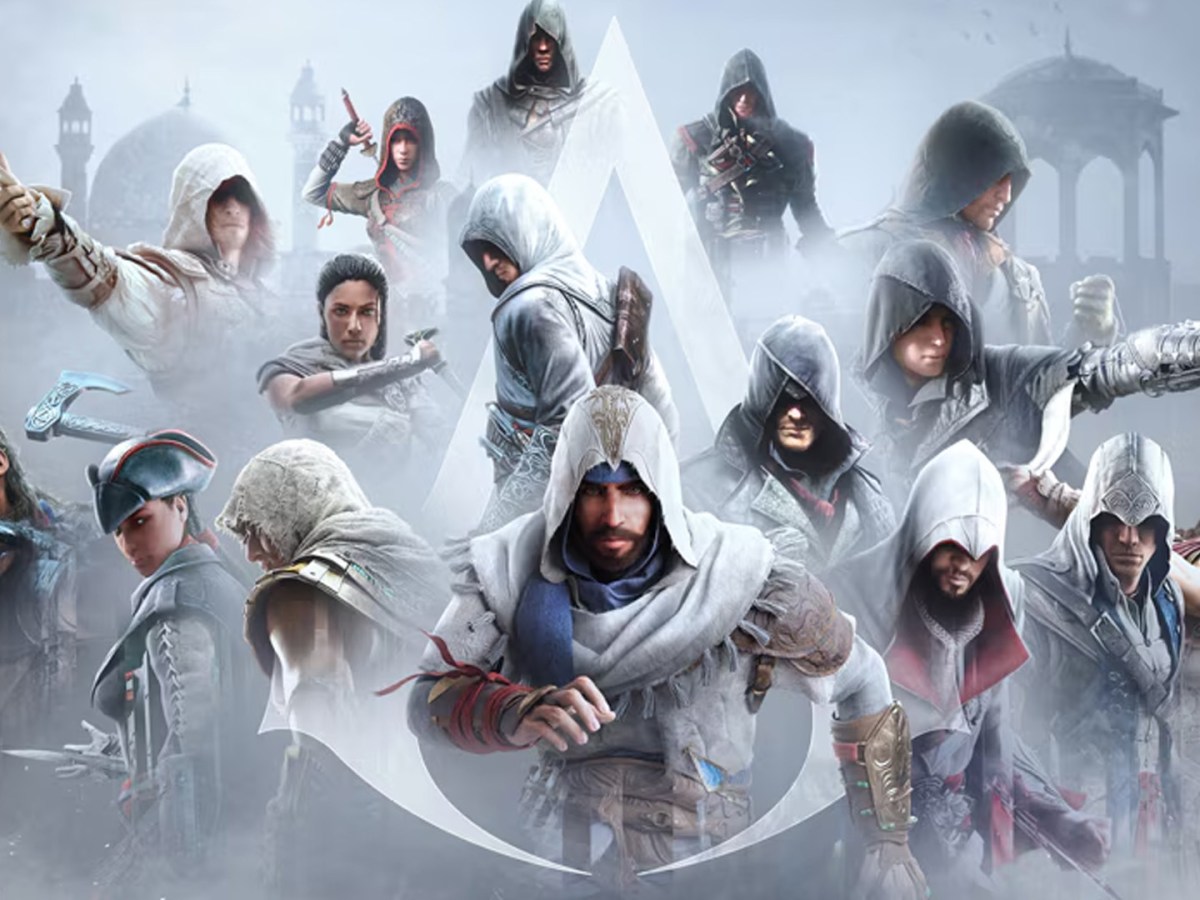 Artwork der Assassin's Creed-Reihe, die alle Protagonisten bis Mirage umfasst.