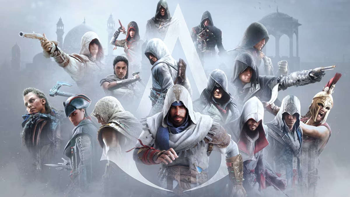 Artwork der Assassin's Creed-Reihe, die alle Protagonisten bis Mirage umfasst.